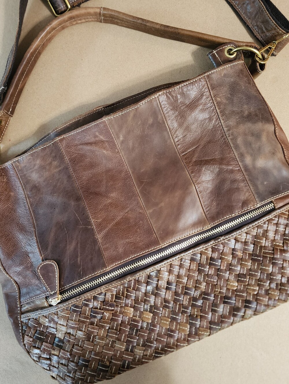 AMERI LEATHER Gorgeous Woven Leather Bag w-Crossbody Strap Brown Cowgirl Tote